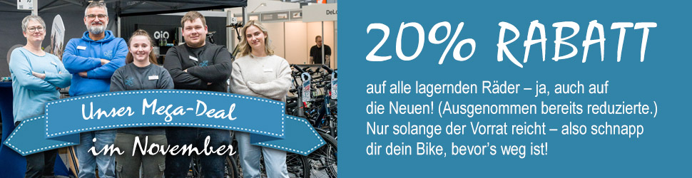 Unser Mega-Deal - 20% Rabatt auf alle Räder auf alle lagernden Räder – ja, auch auf die Neuen! 😎 (Ausgenommen bereits reduzierte.) Nur solange der Vorrat reicht – also schnapp dir dein Bike, bevor’s weg ist!